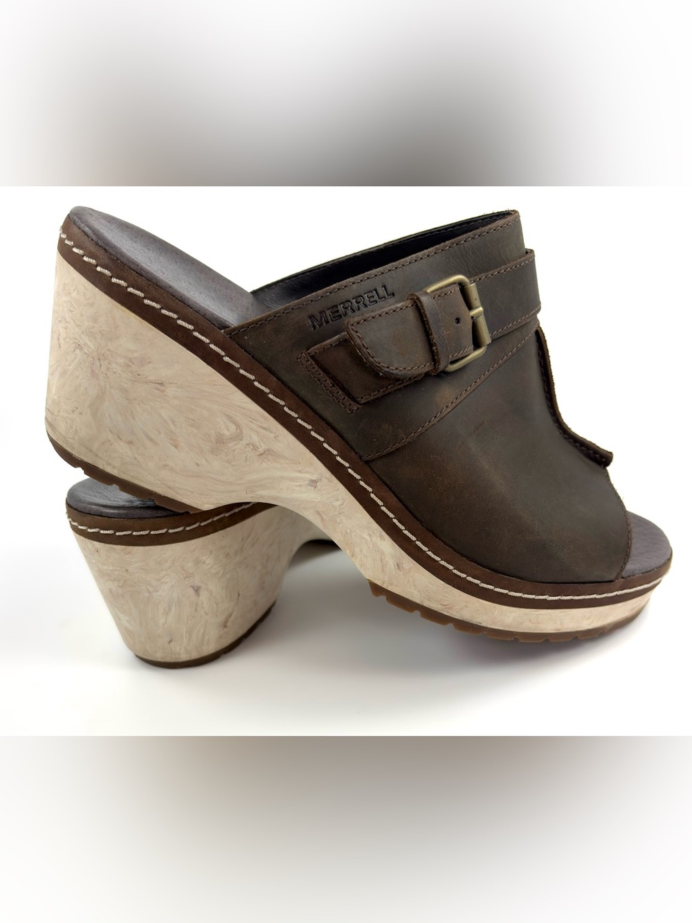 Merrell Halendi Slide Wedge Sandal Full Grain Leather Sz 9/40 Great Preowned